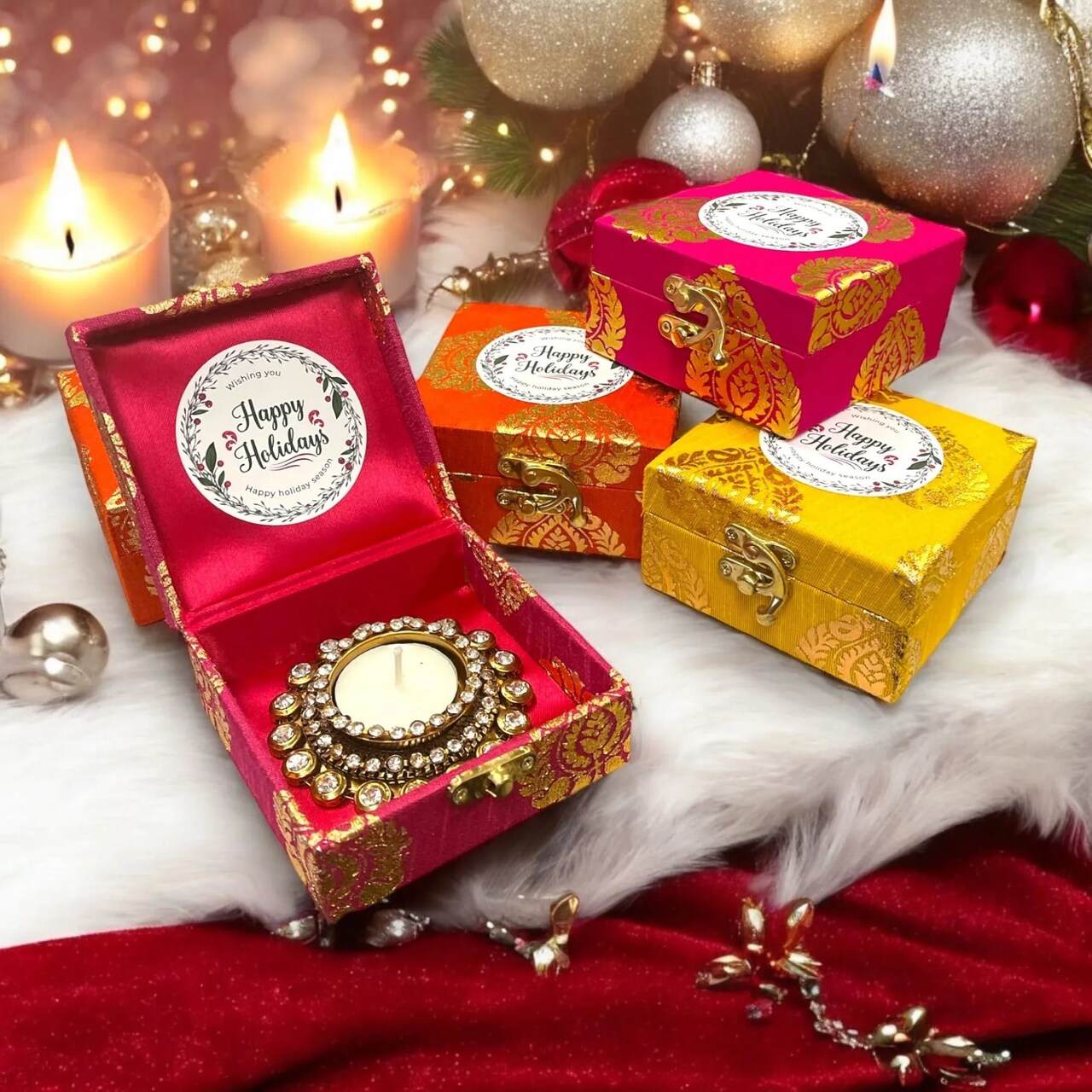 Happy Holiday Gift Boxes, Candle Holder Christmas Gift Box Hamper Basket, for Employees, Home Office Friends , Family & Relatives